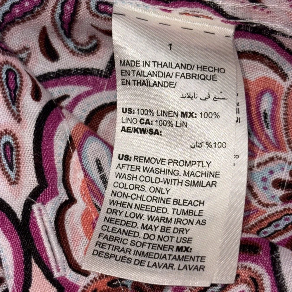 Chico's Top Womens Size 1 Pink‎ Linen No-Iron Paisley Button 3/4 Sleeve Career